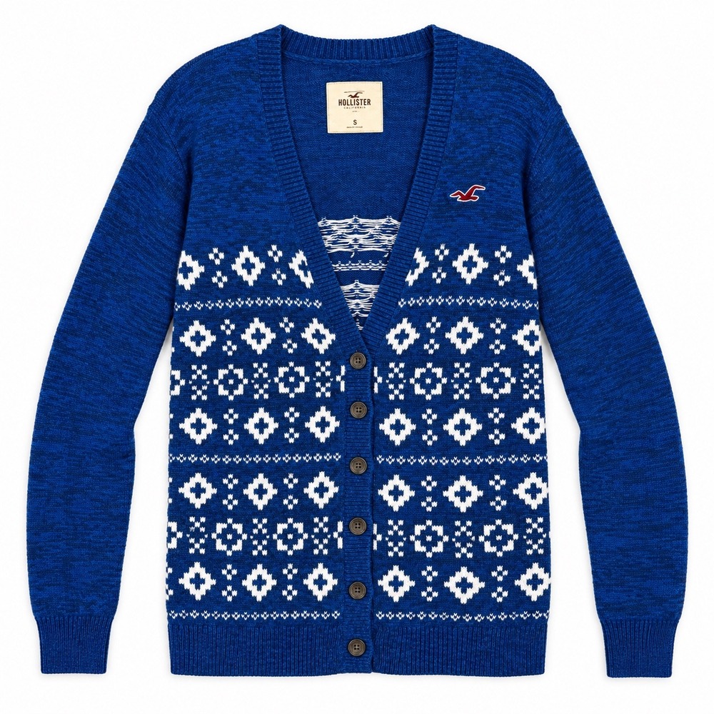 Hollister Fair Isle Knit Cardigan Sweater Womens Size S Blue Nordic Y2K Classic
